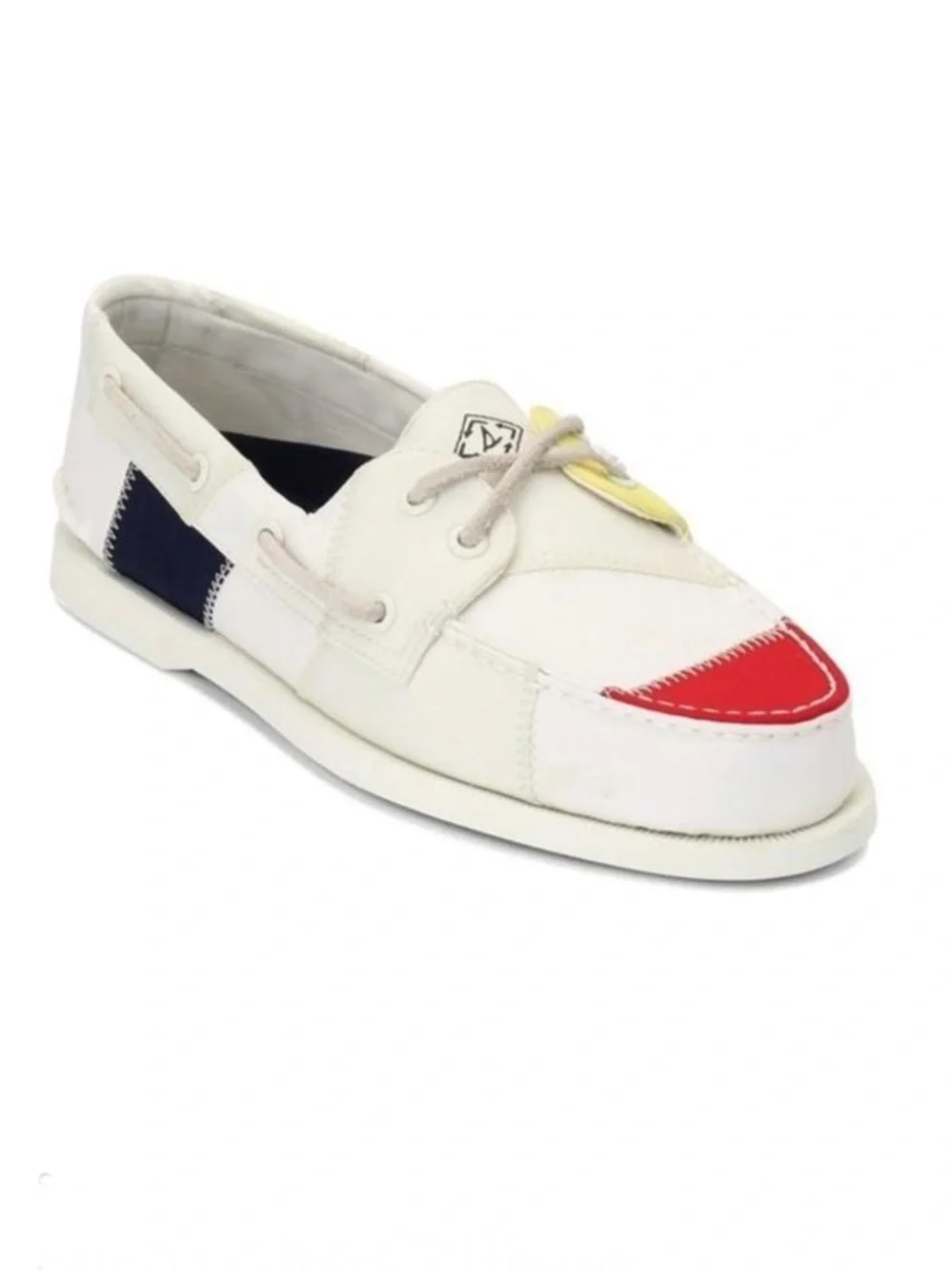 Sperry White Boat Shoe with Red Toe and Navy Side Accents, size 9.